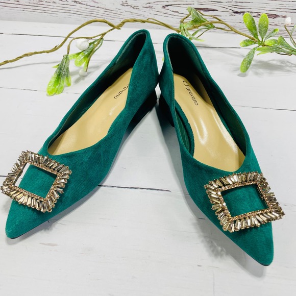 NEW C Paravano Hunter Green Block Heel Pointed Toe Flats with Embellished Buckle - Picture 2 of 12